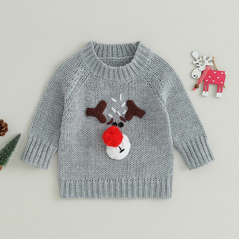 

Christmas Reindeer Patterned Knit Sweater for Baby Boys and Girls - Cozy Long Sleeve Pullover for Autumn and Winter Festivities