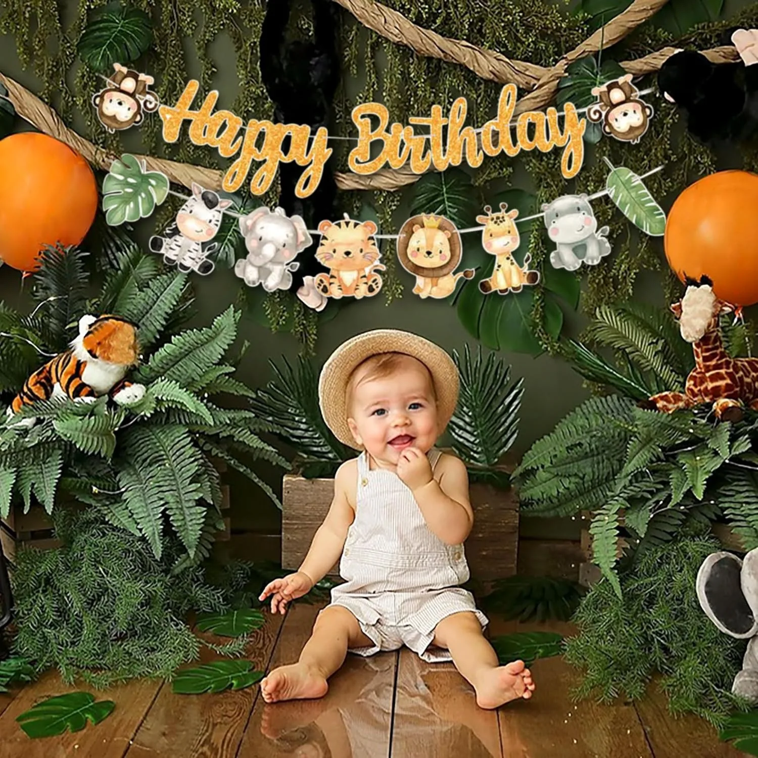 Dschungel-Safari Happy Birthday Banner mit Goldbuchstaben und Niedlichen Tieren für Wild One Party, Babyparty, Kindergeburtstag, Zoo-Themen-Dekoration