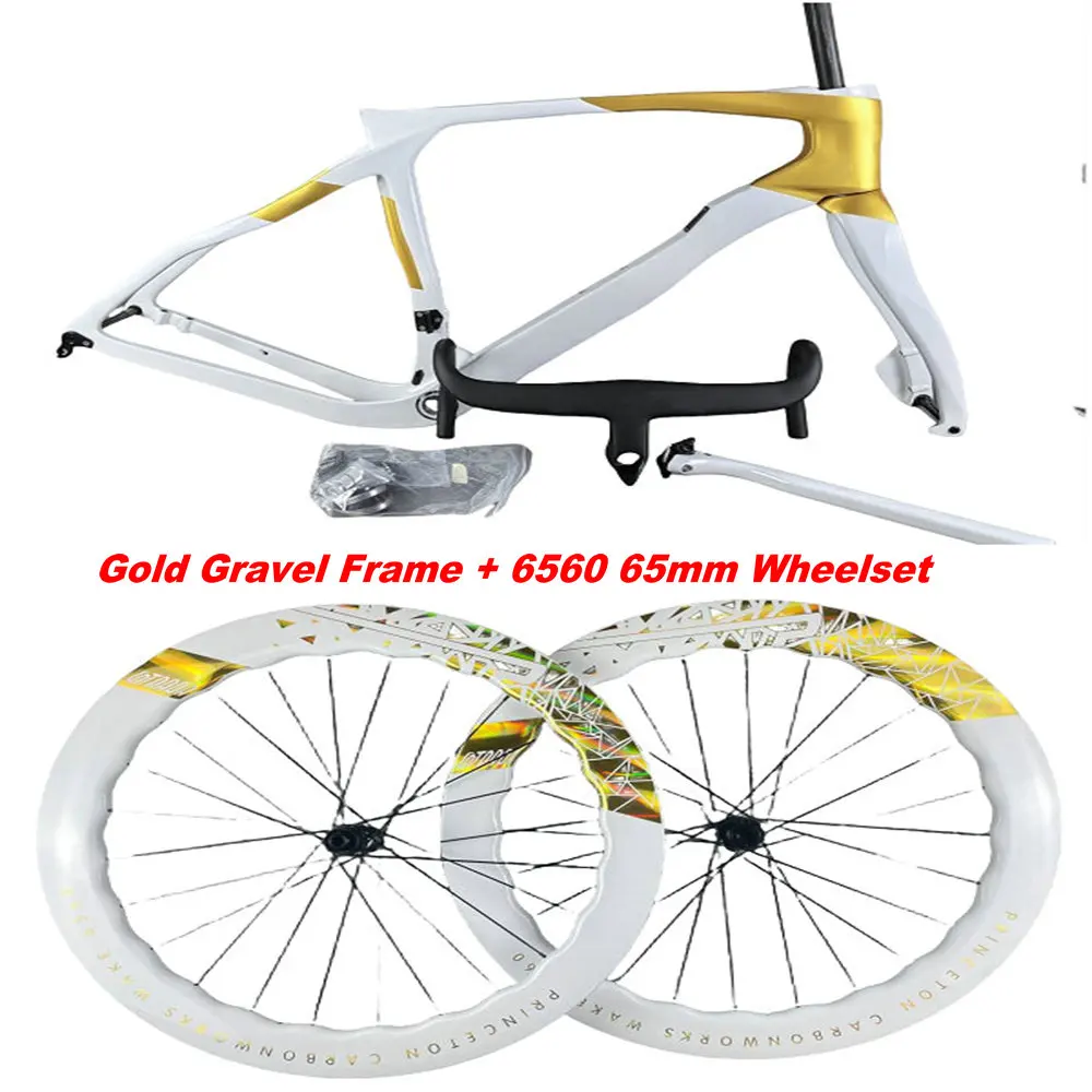 Customized Gravel Carbon Frame Gold White BB68 Disc Brake + 6560 65MM Road Wheelset