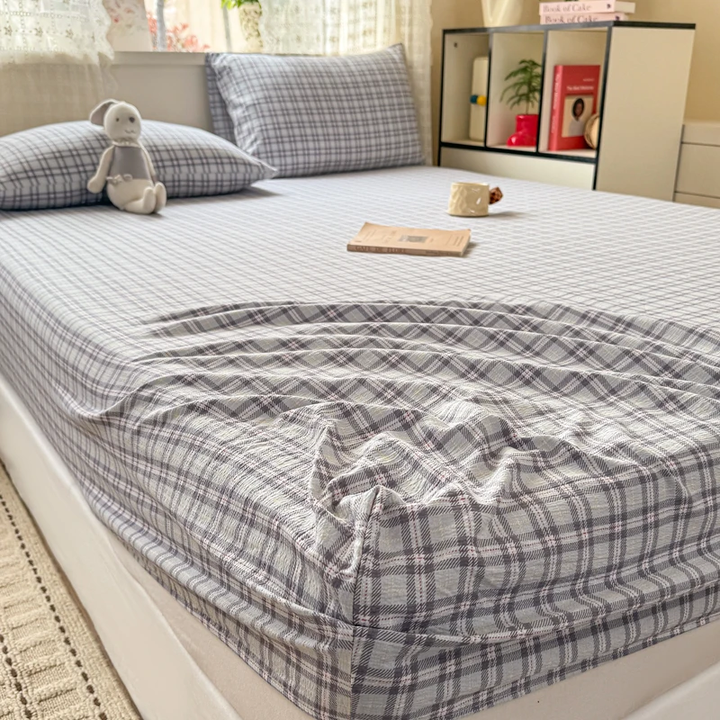 Double-layer Gauze Bed Sheet Single/Queen/King Size Fitted Bed Sheet Checkered Printed 침대패드 Comfortable Colcha De Cama Casal