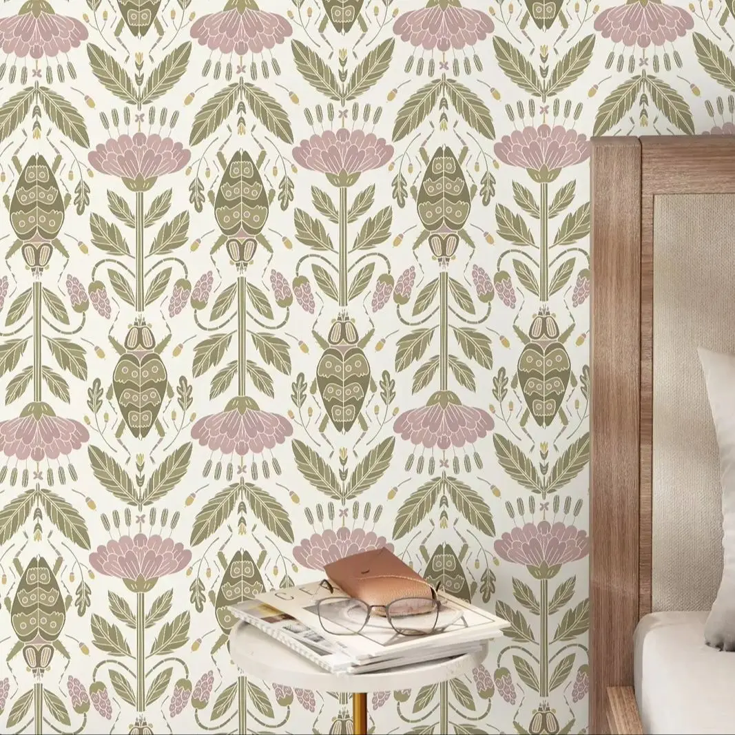 Pink Floral and Beetle Wallpaper,Peel and Stick Wallpaper Removable Wallpaper Home Decor Wall Art Wall Decor Room Decor,50*300cm