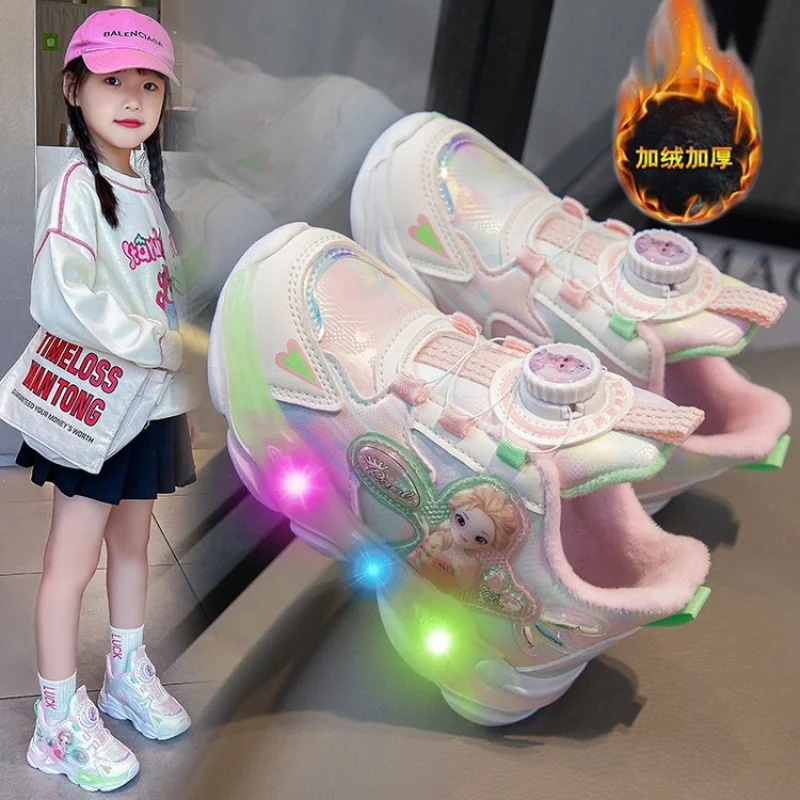 Children's New Girls' Light Bottom Sports Leather plus Velvet Shoes Rotating Button Cartoon Colored Lights Running Girls' Shoes