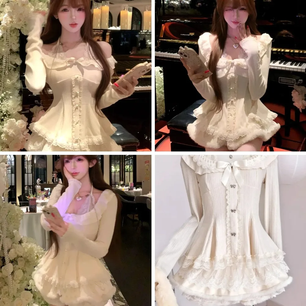 

Korean Women's 2 Piece Set: Lace Long Sleeve Top & Fluffy Mini Skirt, Sexy Elegant Party Outfits(74 characters)