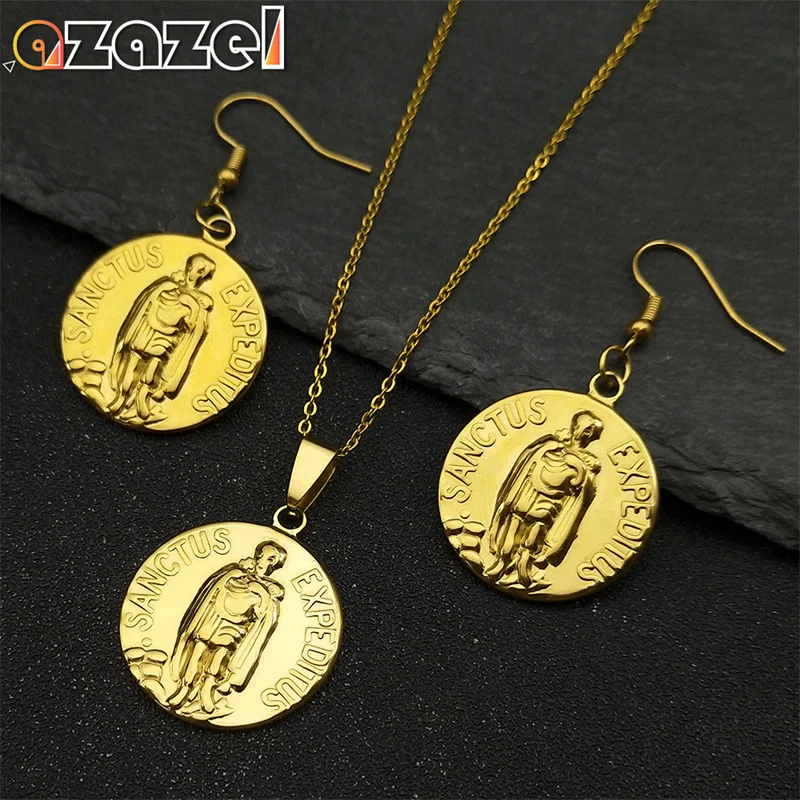 

Sanctus Expeditus Medallion Pendant Necklace Earrings for Men Women Stainless Steel Gold Color Christian Amulet Jewelry Set