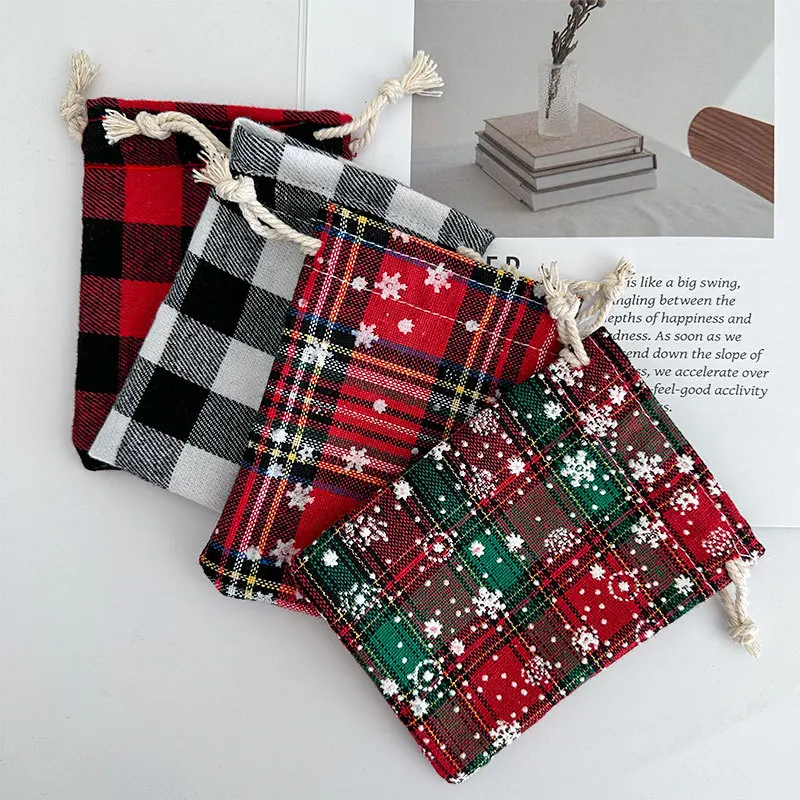 

10Pcs Christmas Bags Drawstring Gift Buffalo Plaid Wrapping Cotton Treat Bag for Xmas Candy Party Supplies Christmas Decor