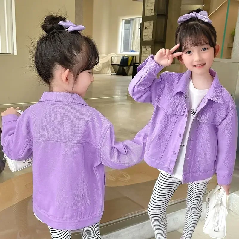 Spring Autumn Casual Overcoats Children Clothes 2025 New Girls Kids Denim Jackets Coats Pink Purple Cotton Tops