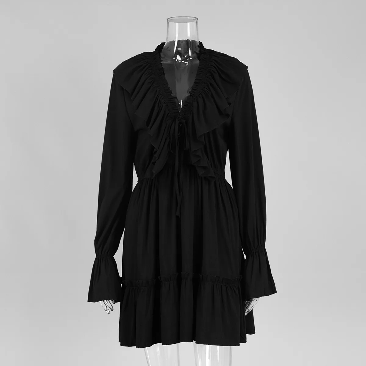 Estilo francês babados sexy mini vestido chiffon branco manga longa alargamento profundo v estilo de rua alta vocação senhoras em camadas vestido novo