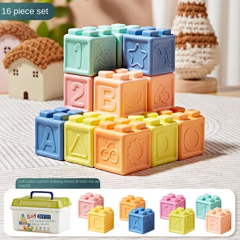 Miękkie gumowe klocki silikonowe dla niemowląt, zabawki do układania, gryzaki, edukacyjne zabawki do wczesnej nauki dla niemowląt w wieku 6 miesięcy
