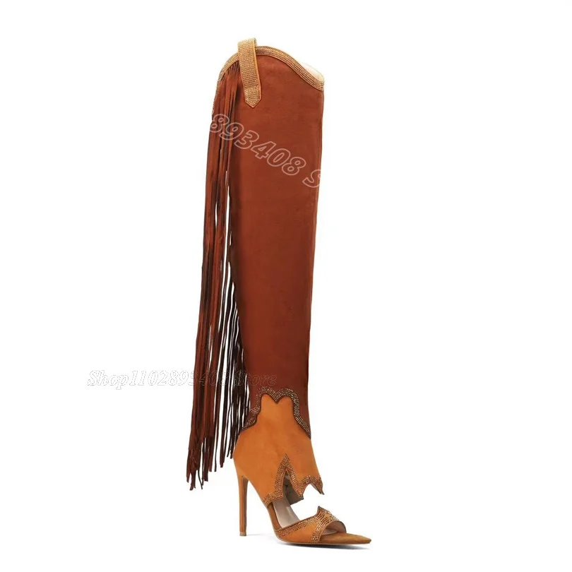 

Brown Tassel Style Flock Sandal Boots Stiletto Open Toe Side Zipper Summer Fashion Party Women Shoes 2024 Zapatos Para Mujere