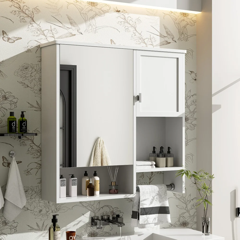 29'' X 28'' Modern Bathroom Wall Mount Storage Cabinet with Mirror, Space Saver Storage Cabinet Above Toilet with Towel Bar