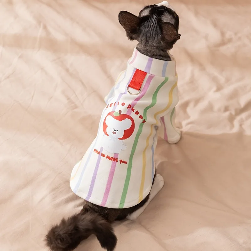 

Autumn Winter Striped Cat Shirt Base Layer With D Ring Leash Slot Soft Stretch Thermal Fleece For Devon Rex Sphynx Hairless Cats