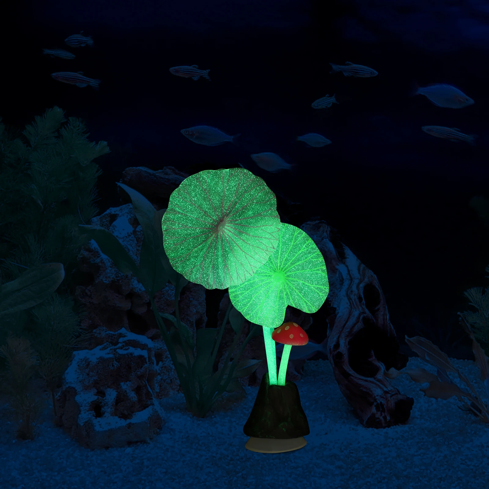 

2pcs Glowing Lotus Leaf Mushroom Fish Tank Decoration Aquarium Silicone Ornament Durable Realistic Landscape Vivid Natural Look