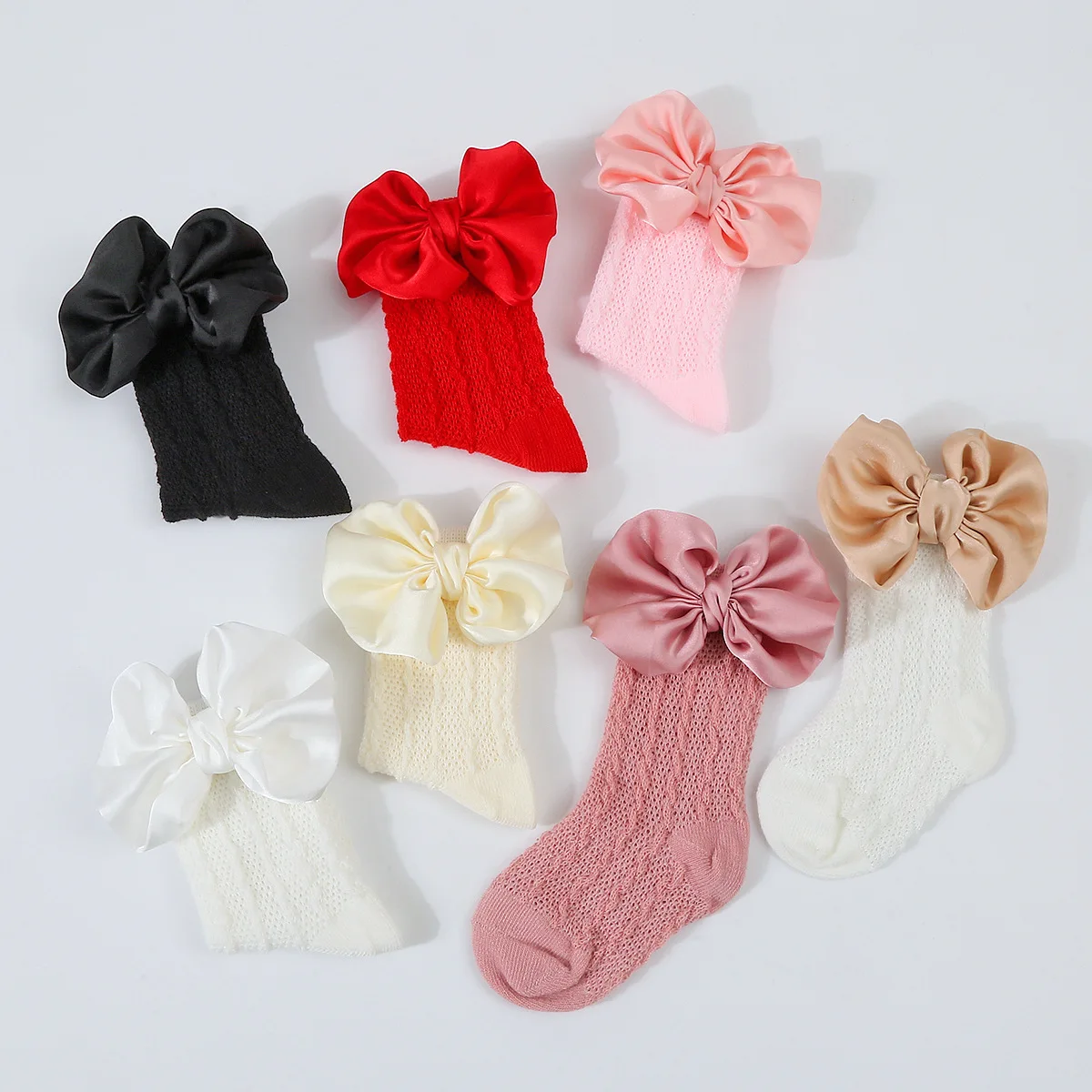 1Set Newborn Big Bowknot Headbands Hollow Out Long Socks New Baby Soft Solid Prewalker Sock Girl Infant Knitted Hairband Socks