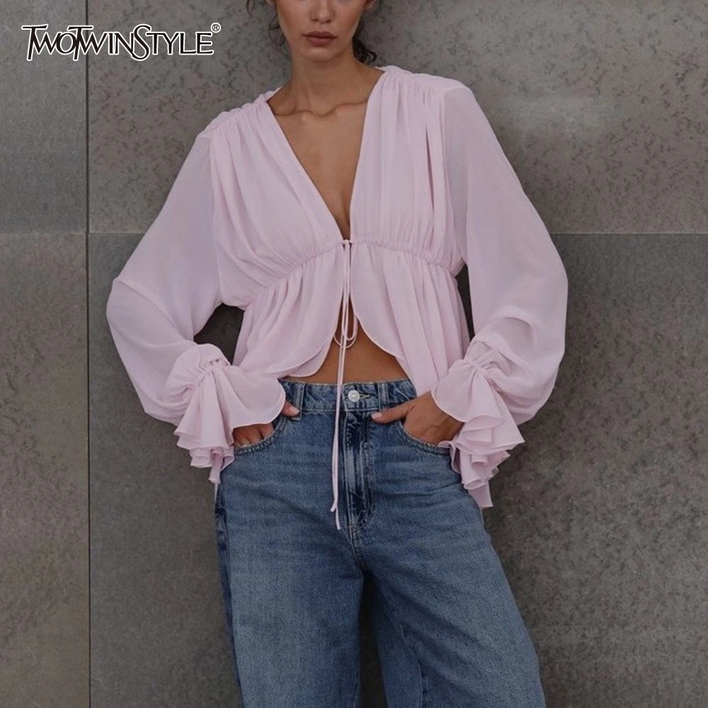 

TWOTWINSTYLE Solid Spliced Ruffles Loose Blouses for Women V Neck Long Sleeve Temperament Shirts Female Fashion Style New