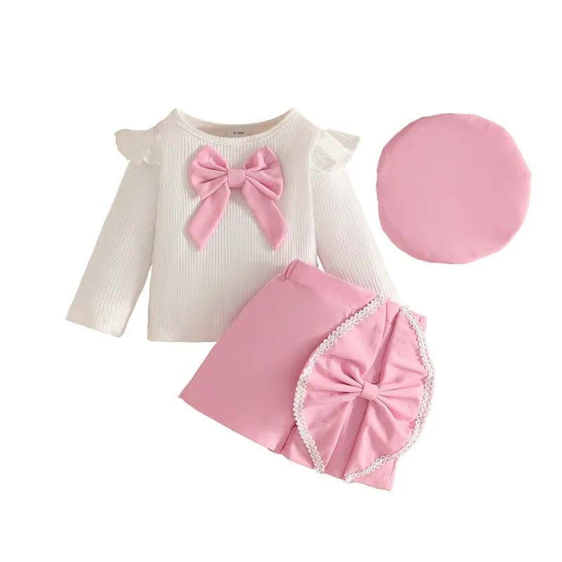 1-3 Years Toddler Baby Girl Clothing 3Pcs Set Spring Autumn Long Sleeves Tops Lace Bow Shorts with Hat Sweet Baby Girl Outfits