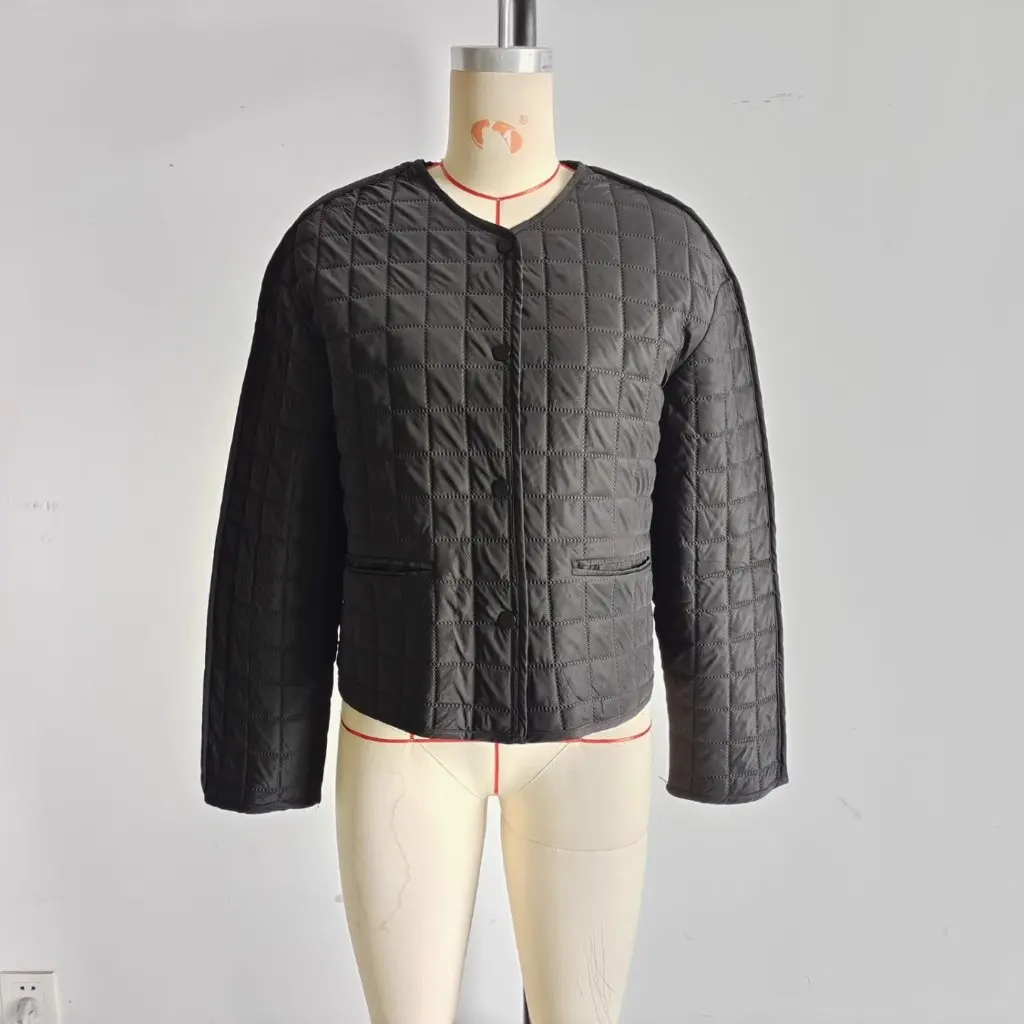 

Autumn Winter Women's Round Neck Long Sleeve Cotton Jacket Coat Plaid Pattern Single Button Pocket Shape Outerwear