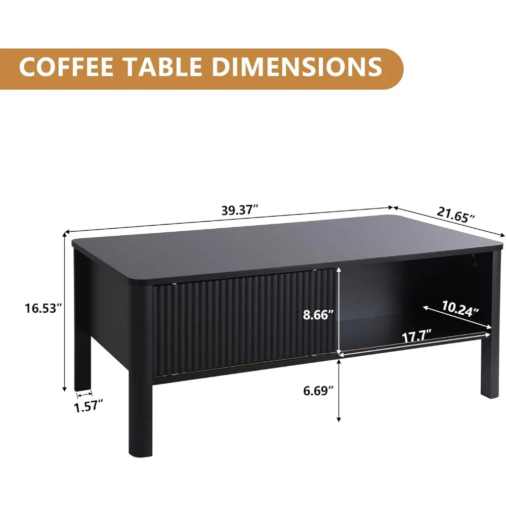 Mesa de centro de madera rectangular moderna de mediados de siglo con estante de almacenamiento doble, mesas de centro de almacenamiento con deslizamiento de panel de forma ondulada