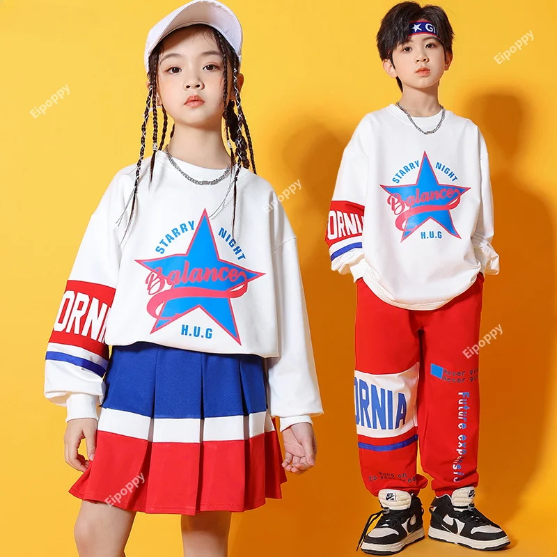 Girls Hip Hop Top Contrast Sports Skirts Boys Sweatshirt Street Dance Pants Kids Jazz Cheerleader Clothes Sets Child Streetwear