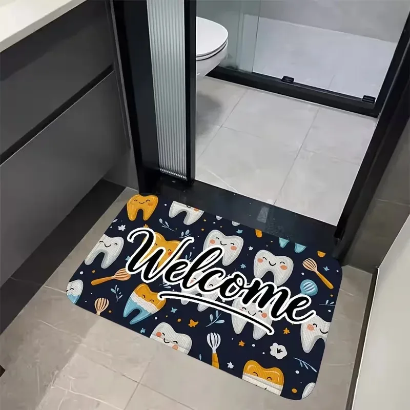 Dental Themed Welcome Doormat Cute Teeth Pattern Non Slip Entrance Mat Ideal for Dentist Office or Bathroom Decor