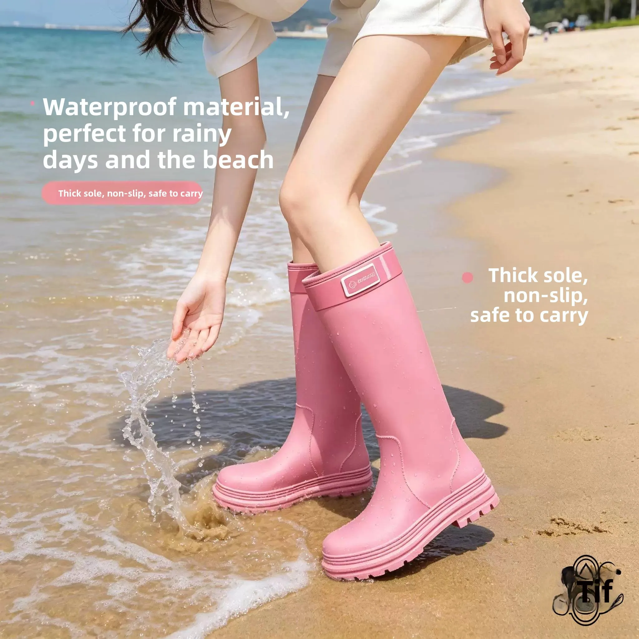 High-Tube Waterproof Rain Boots Unisex Children's Drawstring Over-Knee Style Sea Rush Shoes Thickened Anti-Slip Wave Pattern