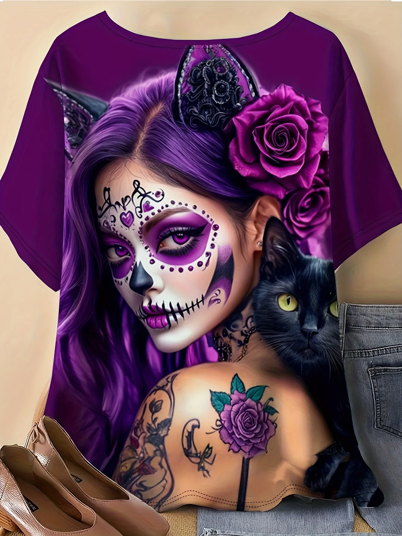 Women Crew Neck Short Sleeve T‑Shirt, Day Of The Dead Sugar Skull Lady Black Cat Purple Rose Tattoo Graphic Print Casual Summer