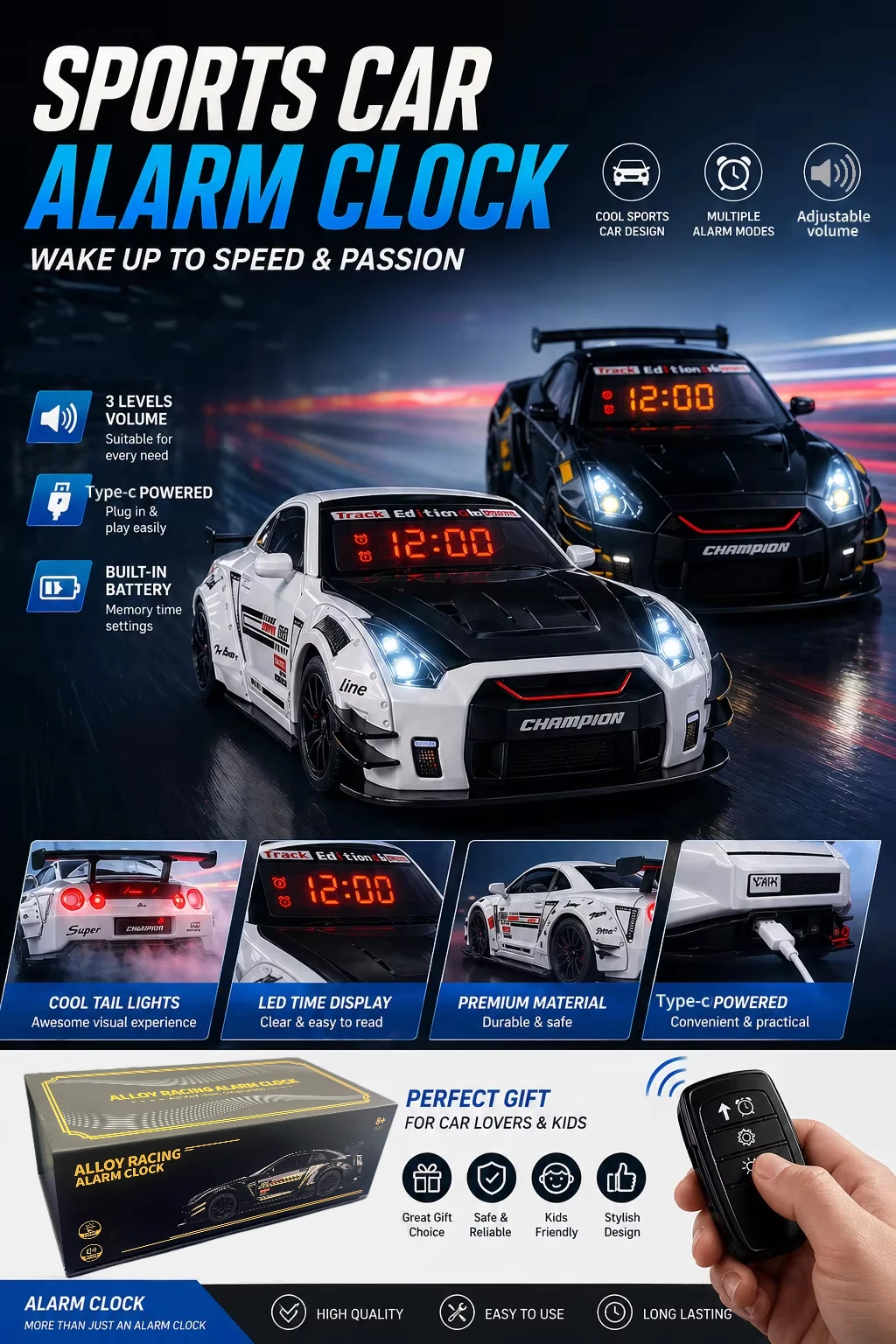

Hypercar Style Alarm Clock with Engine Roar & Flame Light Effects, Clear LED Display for Car Fans