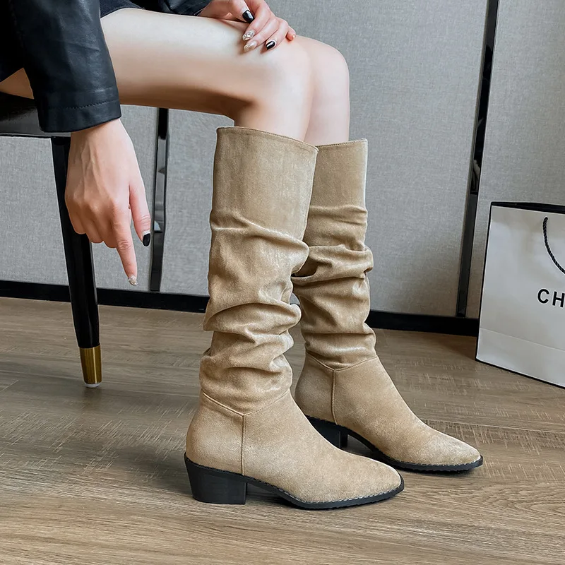

Knight boots 2025 new autumn mid length slim long boots pile up boots long leg women's boots