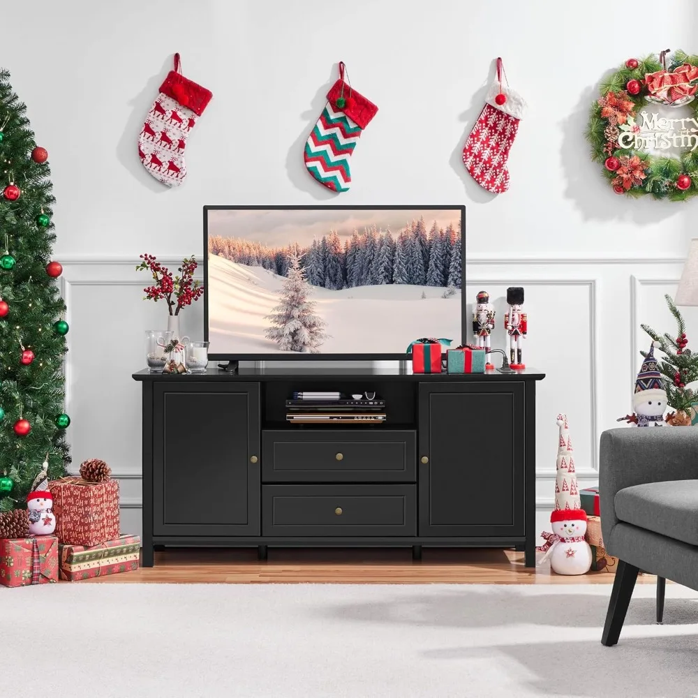 Black TV Stand with Drawers for TVs up to 65 Inch, Media Entertainment Center with Power Outlet & Storage Space