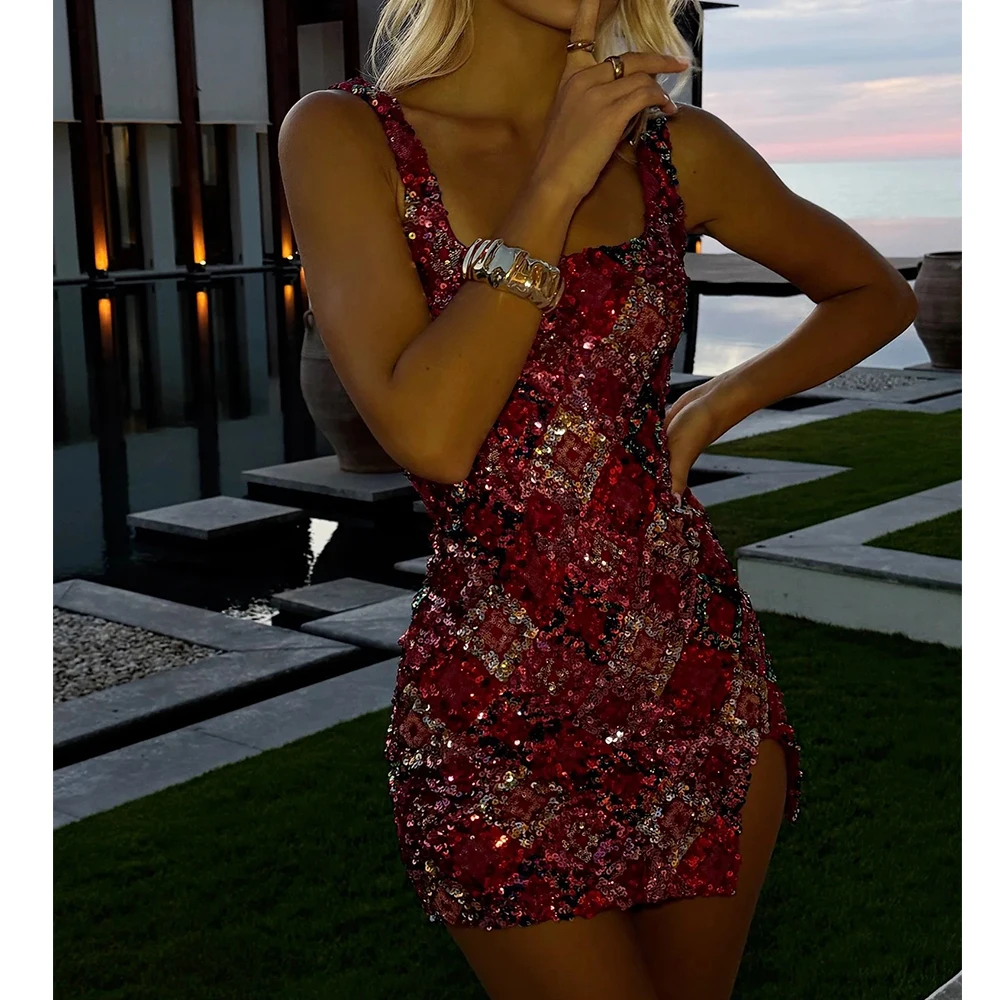 Damskie Sukienki Mini Vintage z Kwiatowym Wzorem i Cekinami, Seksowne Bez Rękawów, z Odkrytymi Plecami, Kwadratowym Dekoltem, Ramiączkami, Rozcięciem, Obcisłe Sukienki na Imprezę, do Klubu