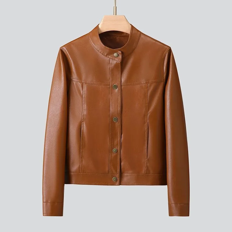 Haining jaqueta de couro feminina casaco curto petite estilo coreano emagrecimento retro gola alta couro primavera e outono novo estilo