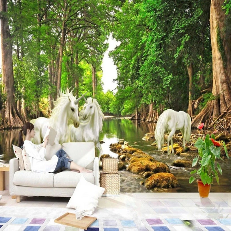 Customized 3D White Horse Green Forest Mural Wallpaper Home Decor unicorn Living room sofa TV background wall bedroom restaurant