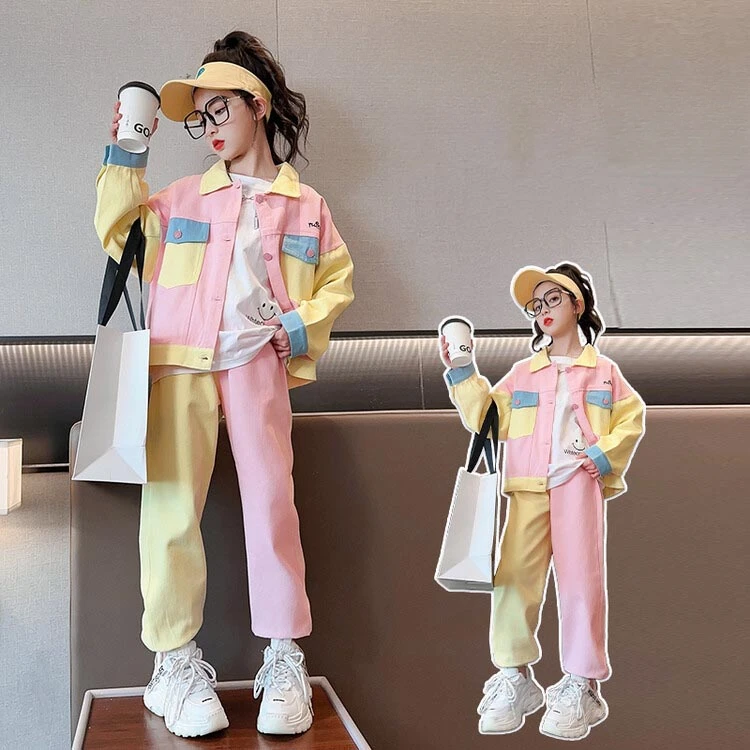 Korean Spring Autumn Junior Girl Tracksuit Teenager Girl Outwear Macaron Color Scheme Kids Sport Pants Trousers Girl 2pcs Suit