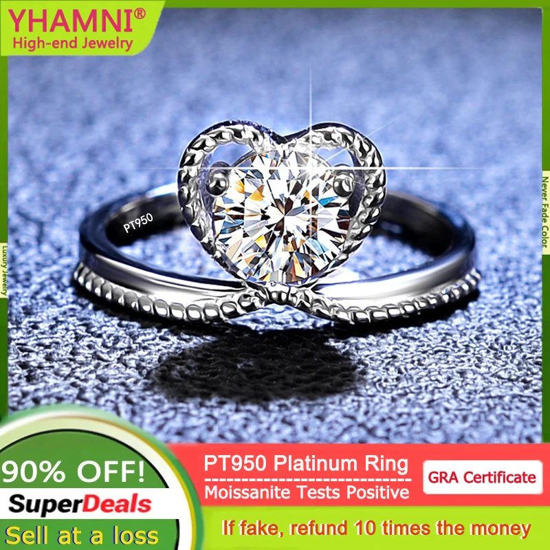 YHAMNI 1 Carat Heart Sparking Moissanite Wedding Ring PT950 Platinum Ladies Wedding Ring Wedding Event Wear Gifts Fine Jewelry