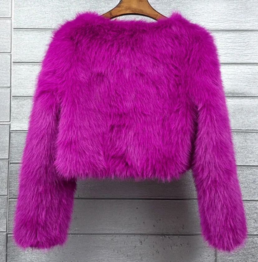 Women Cropped Faux Fox Fur Coat Winter Fluffy Long Sleeve Short Plush Jacket Warm Artificial Furry Crop Outerwear Streetwear