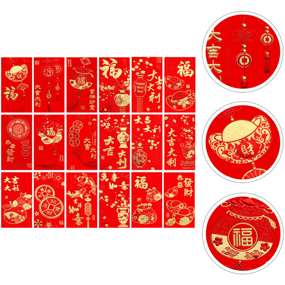 36 Pcs Lai Shi Feng Hong Bao New Year Money Bags Chinese Red Envelopes 2023 Wallet Festive Design Packets Lunar Paper Character
