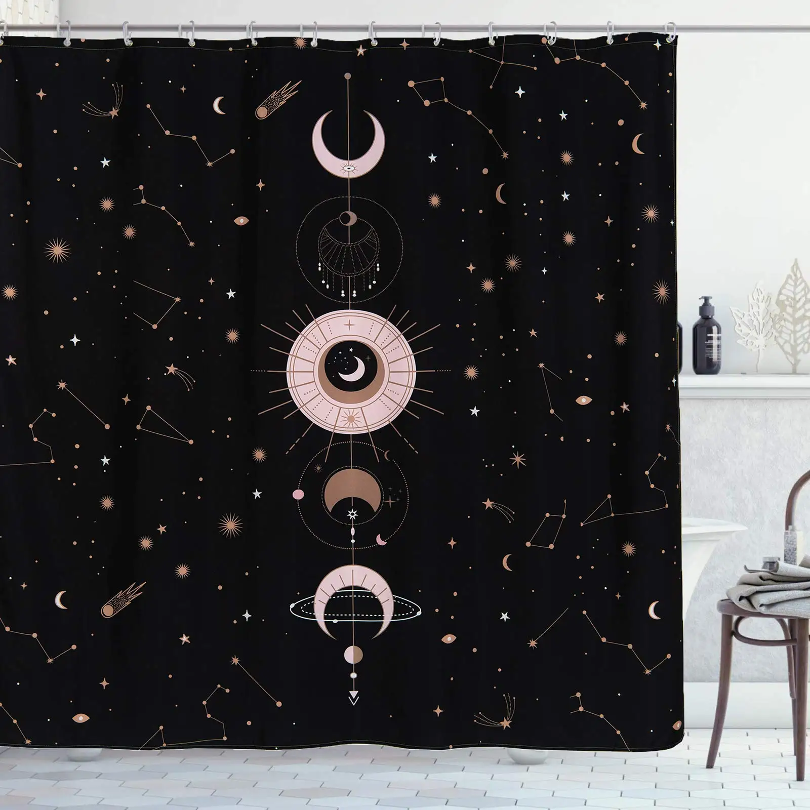 Sun and Moon Phase Stars Zodiac Constellation Shower Curtain Astrology Crescent Galaxy Gothic Celestial Mystery Tarot Bath Sets