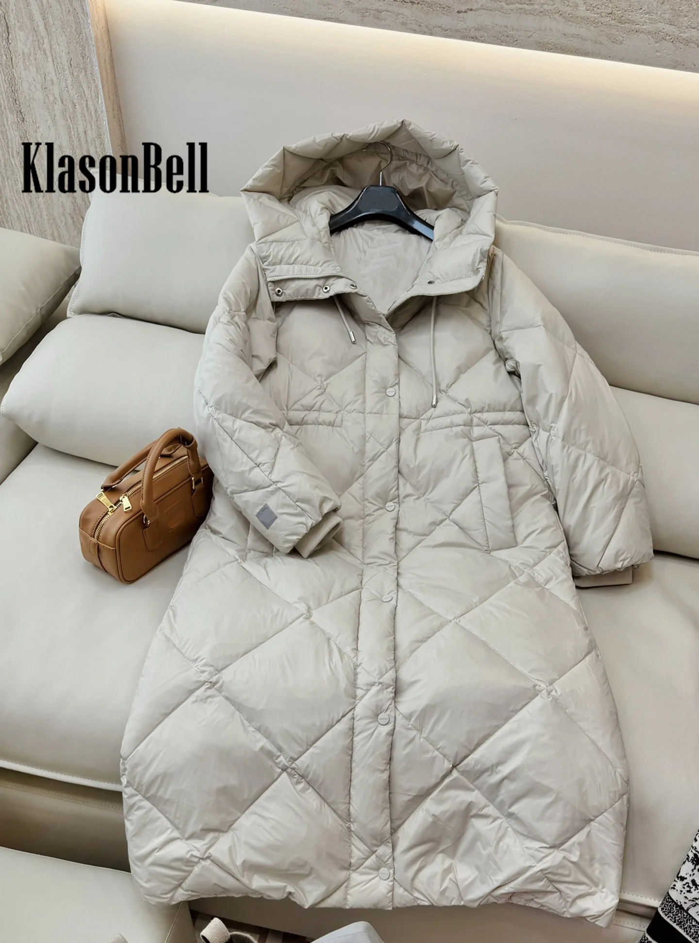 8.31 KlasonBell Women Quilted Argyle Plaid Hooded Goose Down Long Outerwear Drawstring Collect Waist Keep Warm Down Coat