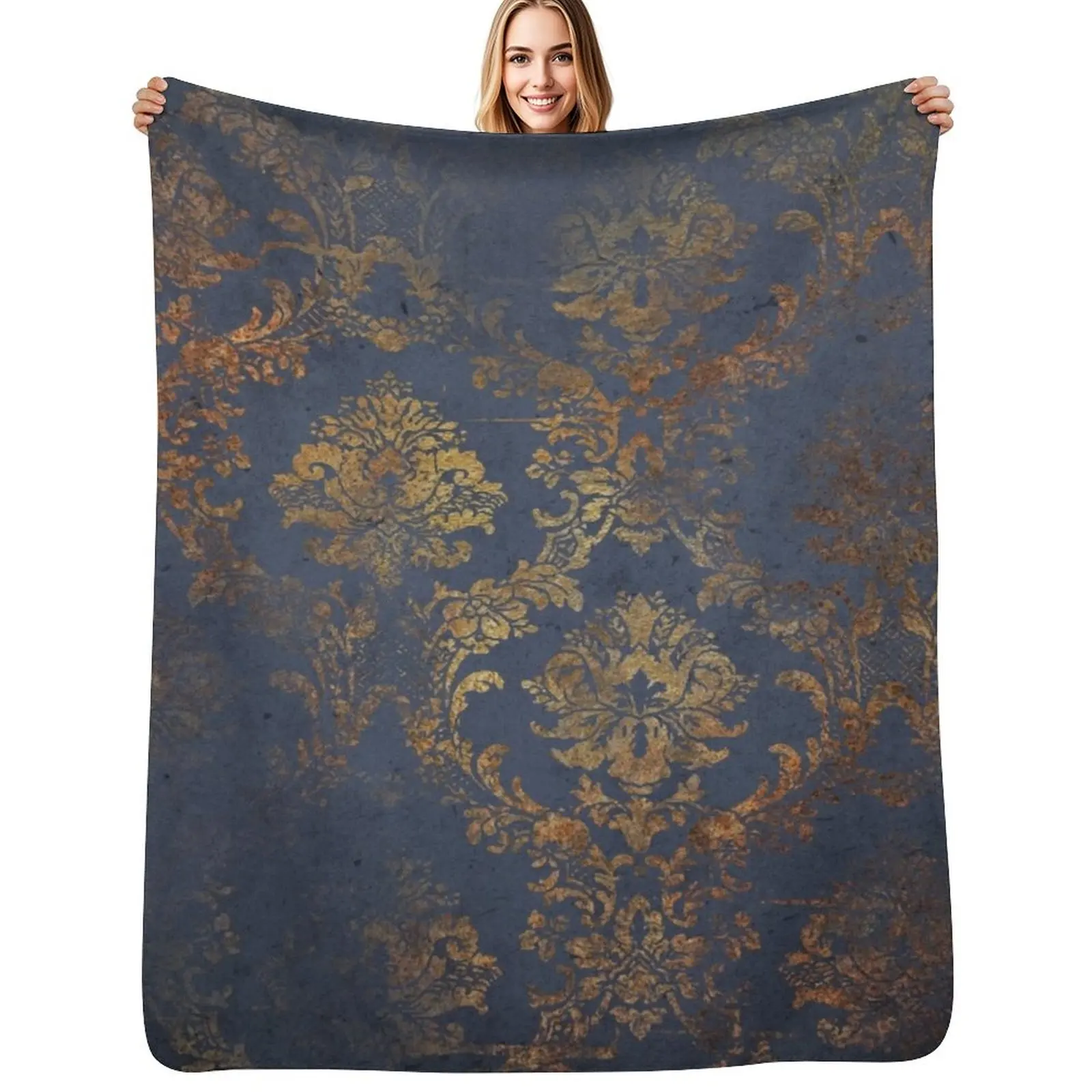 Elegant Dark Blue and Grunge Gold Damask Pattern Throw Blanket Cozy Warm Blanket for Bed Room Decor