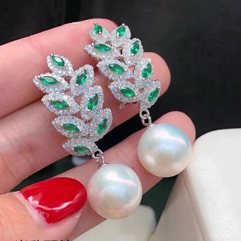 MeiBaPJ 10-10.5mm Natural Pearls Fashion Green Stones Leaf Drop Earrings 925 Silver Empty Tray Fine Wedding Jewelry for Women