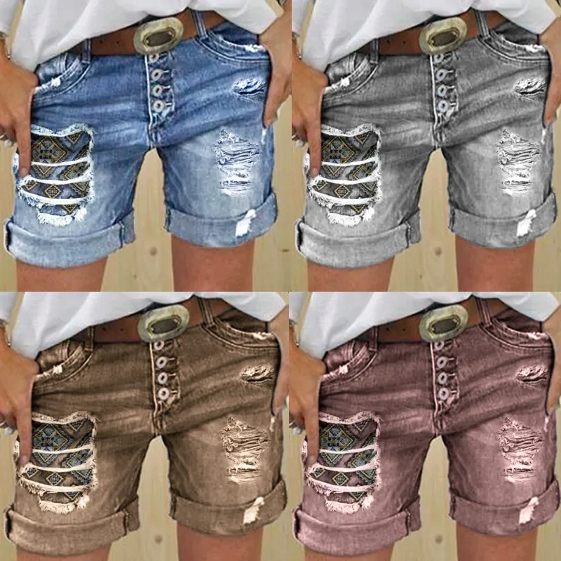 Women Shorts Denim Pants Patchwork Jeans Loose All-Match Embroidered Shorts