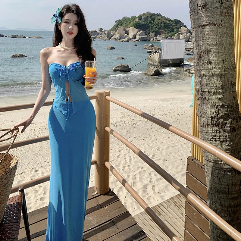 

Элегантные летние пляжные юбки со рюшами, комплект из двух предметов, женский модный топ без рукавов и открытой спины 2025, длинная юбка, наряды