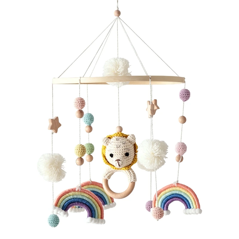 Il campanello da letto arcobaleno per animali Montessori presenta un anello arcobaleno sfumato sognante con campanelli che suonano di piccoli animali appesi