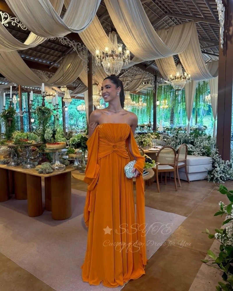 فساتين سهرة برتقالية أنيقة من SSYTENS قبالة الكتف طيات مخصصة لحفلات الزفاف شيفون فساتين لحضور الحفلات الموسيقية على الشاطئ 2025