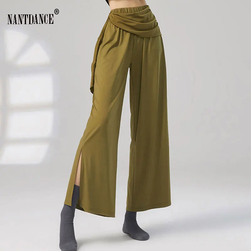 Chinese Skirt Pant Practice Dancing Clothes for Women Chiffon Wide Leg Culotte Flowy Belt Modern Folk National Dancer Costume