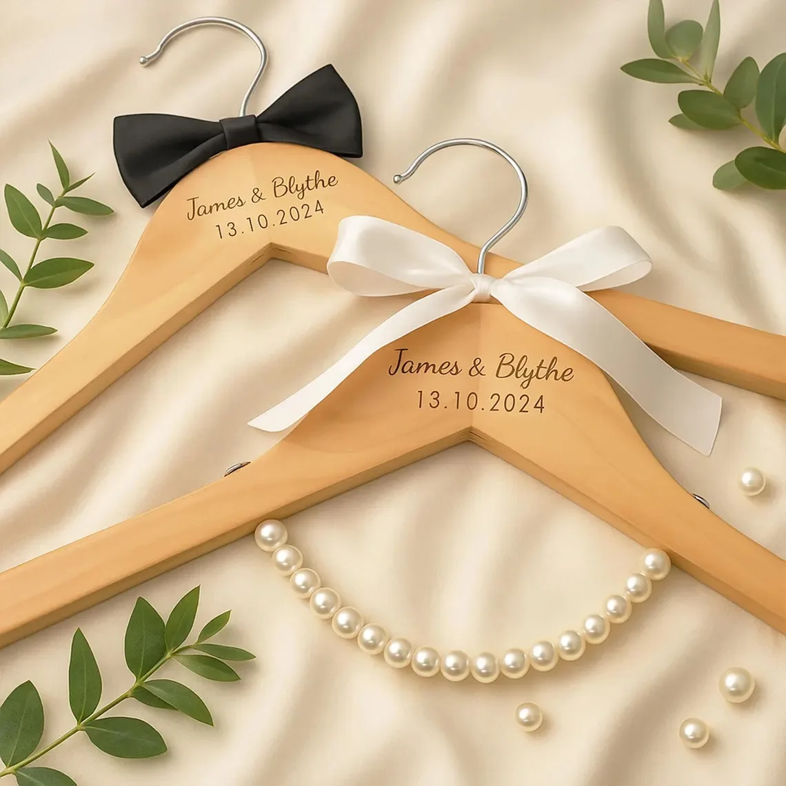 Custom Engraved Wooden Wedding Hanger Bride & Groom Dress Garment Hanger with Bowtie Decor Clothing Organizer