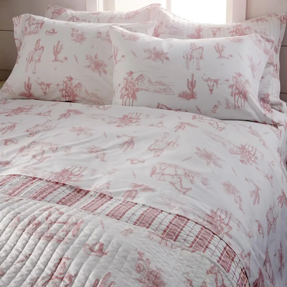 

Rod'S Dusty Rose Pink Cowgirl Toile-(Sheet Set)-4 Piece Full Sheet Set-Pink And White-Top Sheet (81X96In)-Fitted Sheet