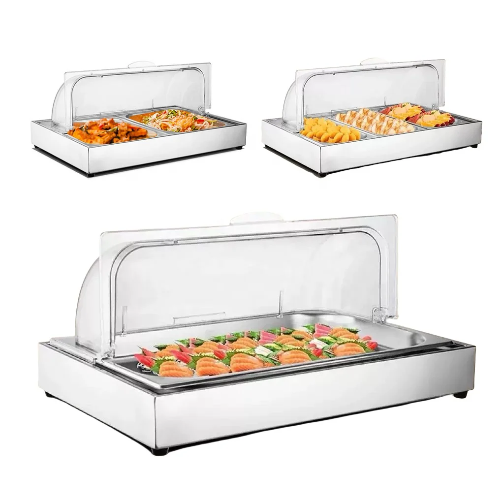 

Restaurant Hotel Buffet Stove Food Display Stand Stainless Steel Food Warmer Chafing Dish With PC Roll Top Cover
