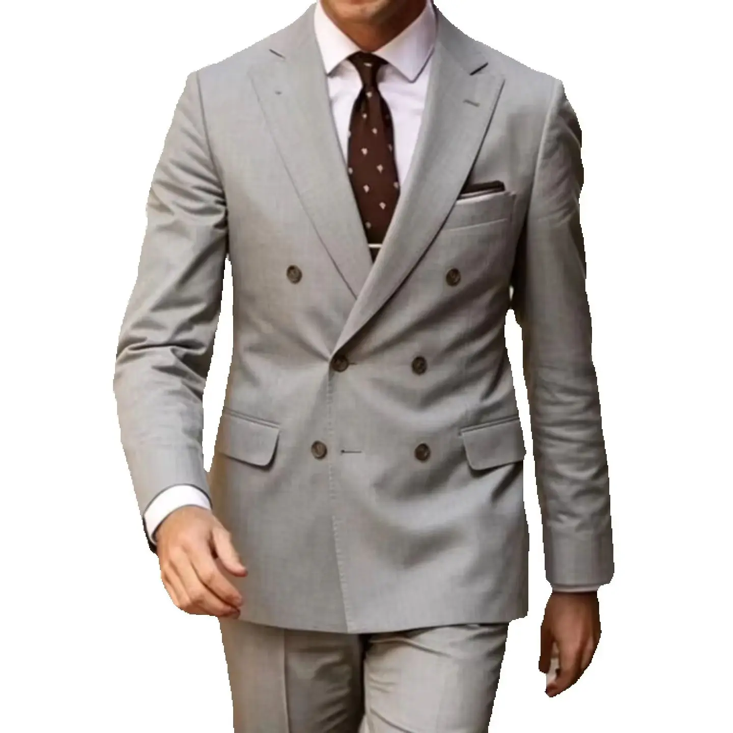 

Mens Light Grey 2 Piece Suit Double Breasted Peak Lapel Slim Fit Pants Formal Business Office Wedding Prom Customized
