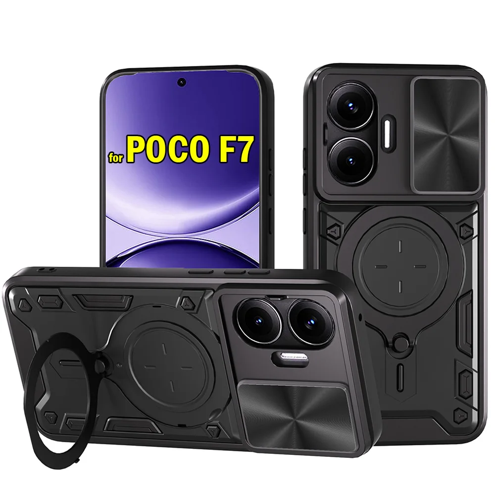 Funda pour Xiaomi POCO F7 5G étui coulissant caméra armure anneau magnétique support Protection couverture de téléphone pour POCO F7 Capa