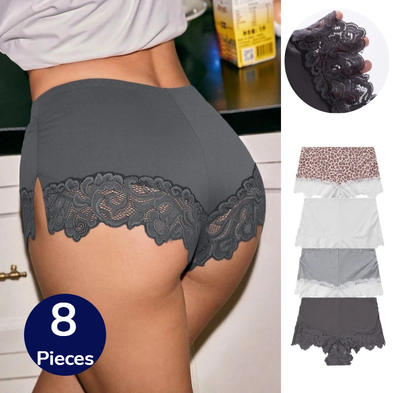 

BZEL, комплект из 8 шт., женские трусики-боксеры с мягким кружевом, модные, с леопардовым принтом, с разрезом на бедре, сексуальное дышащее комфортное женское белье, шорты-боксеры, хит продаж